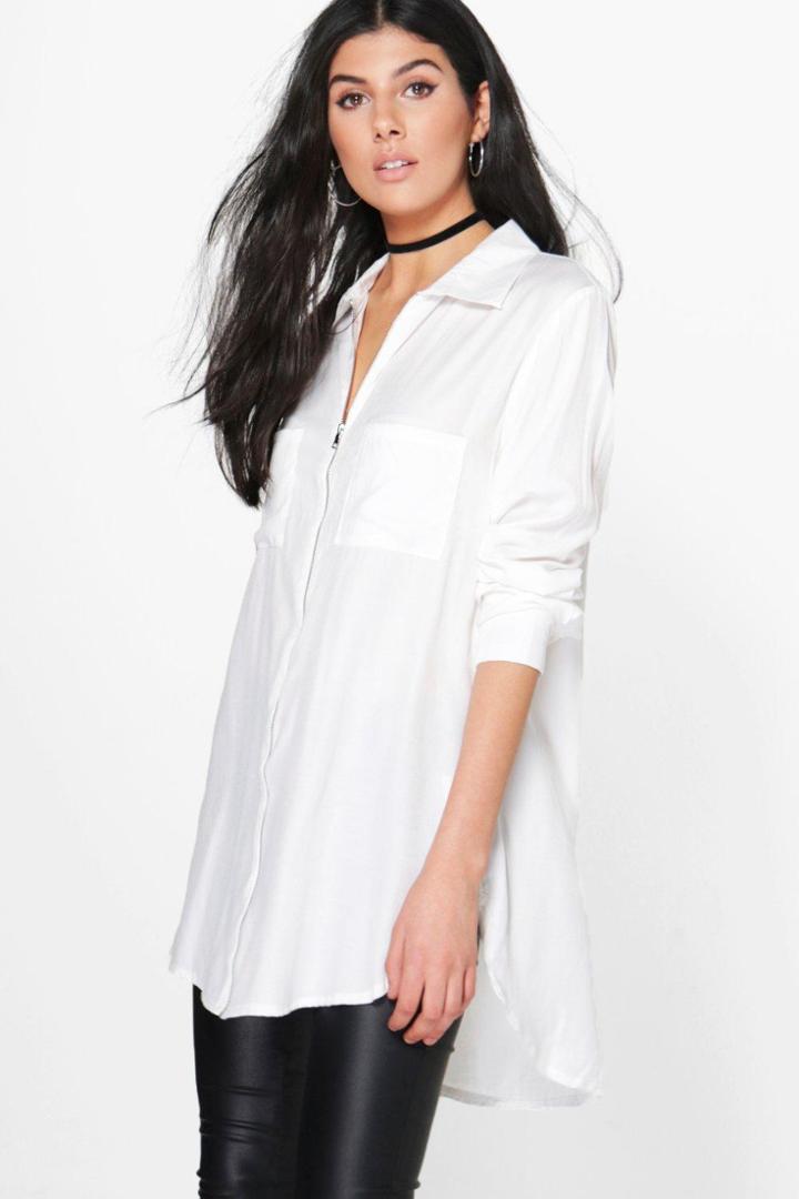 Boohoo Anne Longline Zip Front Shirt Cream