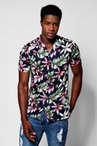 Boohoo Navy Tropical Floral Print Short Sleeve Revere Shirt Navy