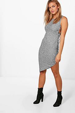 Boohoo Rib Tie Side Symmetric Bodycon Dress
