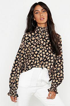 Boohoo Woven Sheered Neck Leopard Blouse