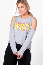 Boohoo Plus Lizzy Slogan Open Shoulder Sweat Grey