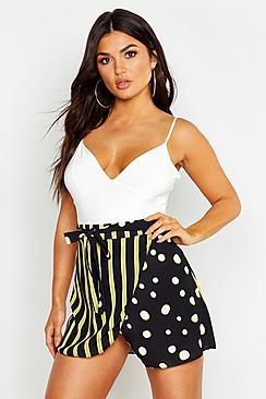 Boohoo Spot & Stripe Wrap Tie Mini Skirt