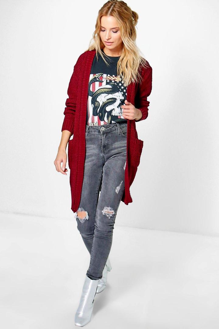 Boohoo Alice Edge To Edge Midi Cardigan Wine