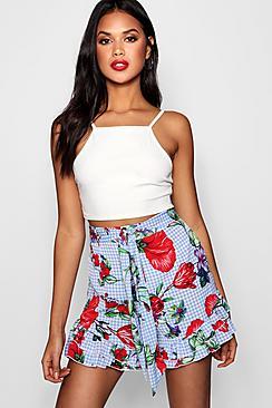 Boohoo Lulu Printed Tie Waist Frill Hem Short