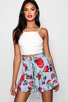 Boohoo Lulu Printed Tie Waist Frill Hem Short