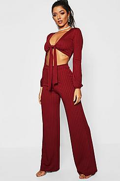 Boohoo Ribbed Wide Leg High Waist Trouser