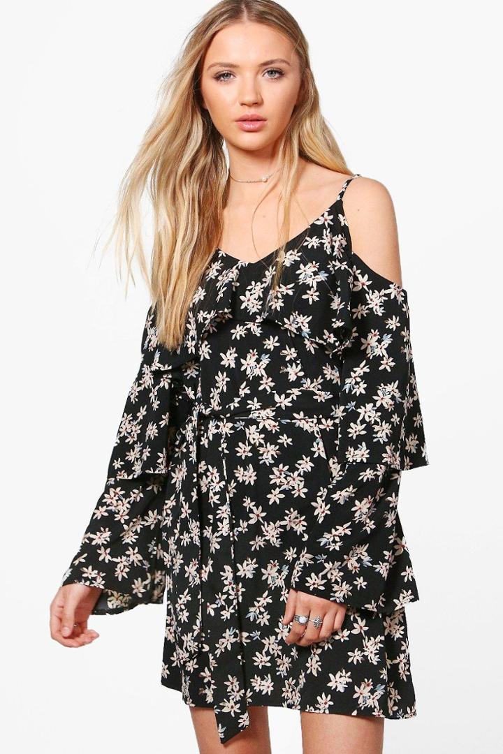 Boohoo Hollie Floral Frill Cold Shoulder Shift Dress Black