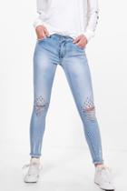 Boohoo Jane 5 Pocket Mid Rise Stud Slit Knee Skinny Jeans Blue