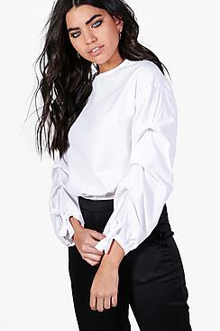 Boohoo Tara Gathered Sleeve Shirt Top