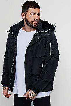 Boohoo Smart Sateen Puffer With Faux Fur Trim Hood