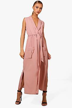 Boohoo Sleeveless Belted Midi Shirt Dress