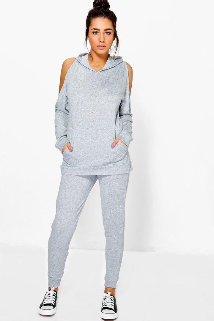 Boohoo Charlotte Cold Shoulder Hoody & Jogger Set Grey