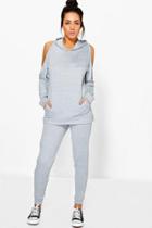 Boohoo Charlotte Cold Shoulder Hoody & Jogger Set Grey