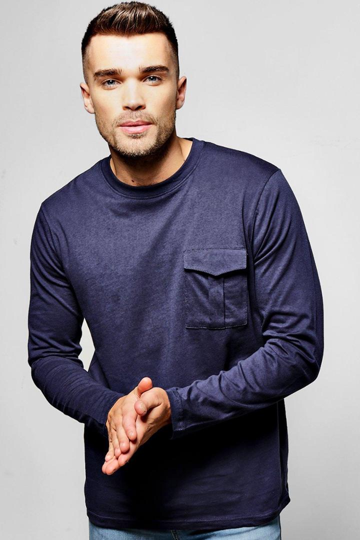 Boohoo Long Sleeve Military Pocket T Shirt Navy