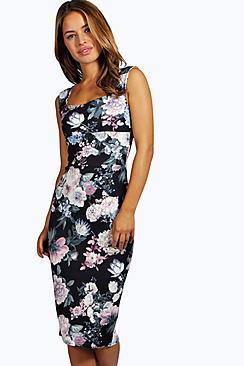 Boohoo Petite Elicia Printed Sweetheart Midi Dress
