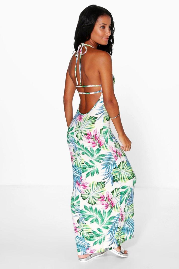 Boohoo Sylvia Tropical Strappy Back Maxi Dress White