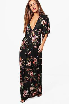 Boohoo Petite Roxy Oriental Print Kimono Sleeve Wrap Dress