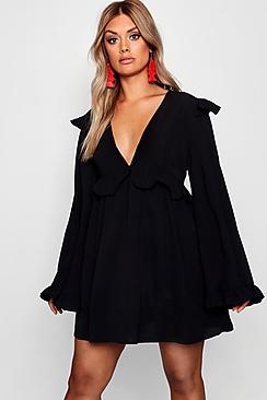 Boohoo Plus Plunge Ruffle Detail Skater Dress