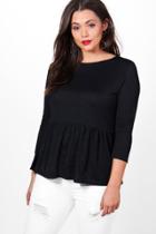 Boohoo Plus Nadia Ruffle Hem 3/4 Sleeve Top Black