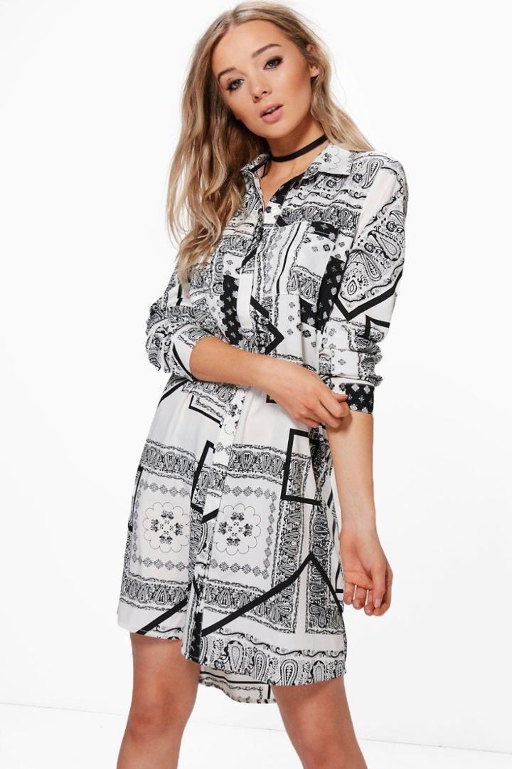Boohoo Mia Mono Print Woven Shirt Dress Multi