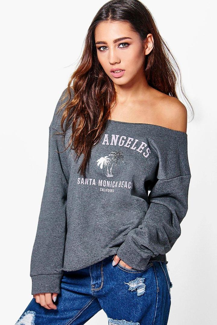 Boohoo Leah Los Angeles Oversized Slash Neck Sweatshirt Grey
