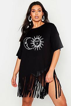 Boohoo Plus Sun And Moon Tassel Beach Dress