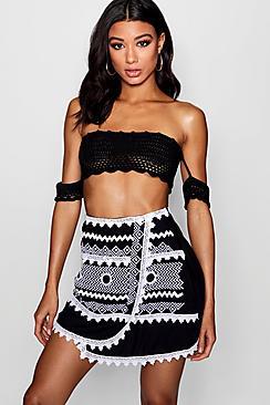 Boohoo Lucia Embroidered Crochet Trim Wrap Mini Skirt