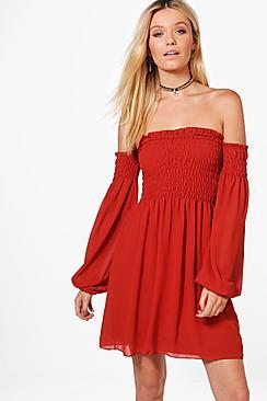 Boohoo Natasha Woven Off The Shoulder Shift Dress