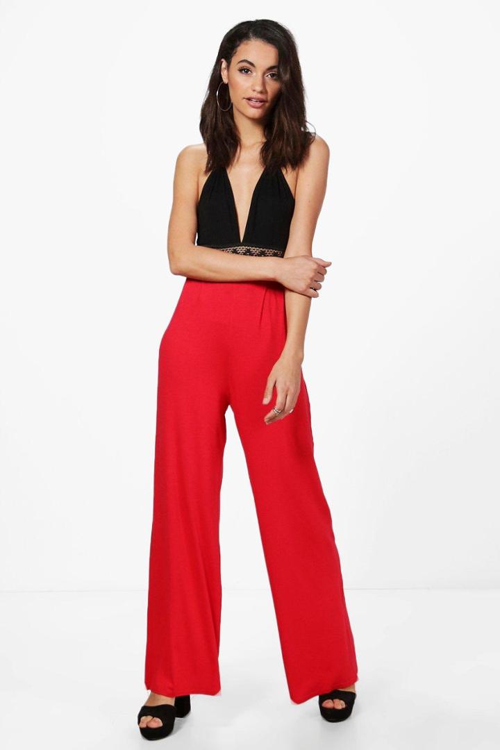 Boohoo Emilia Jersey Wide Leg Floor Sweeping Trousers Red