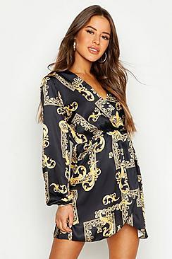 Boohoo Petite Wrap Chain Print Dress