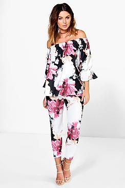 Boohoo Sasha Floral Off The Shoulder Top & Skinny Trouser Co-ord