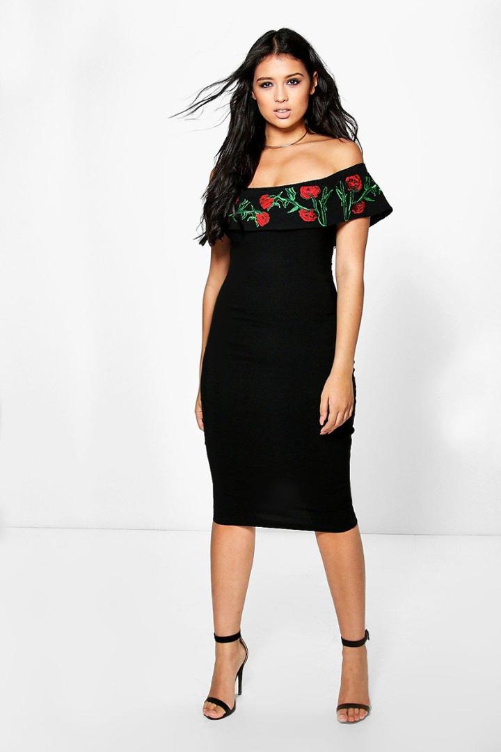 Boohoo Laura Rose Embroidery Off Shoulder Midi Dress Black