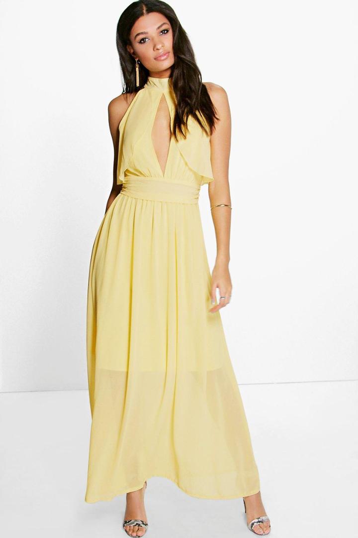 Boohoo Debbie Chiffon Frill Detail Open Back Maxi Dress Lemon