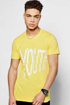 Boohoo Spliced 'youth' Print Crew Neck T-shirt Yellow
