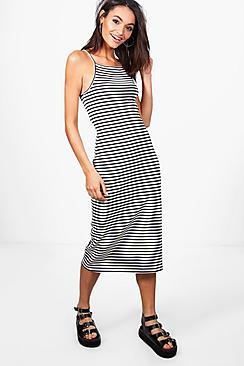 Boohoo Sadie Striped Ribbed Midi Dress