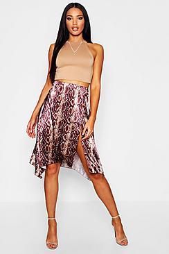 Boohoo Satin Snake Print Button Split Midi Skirt