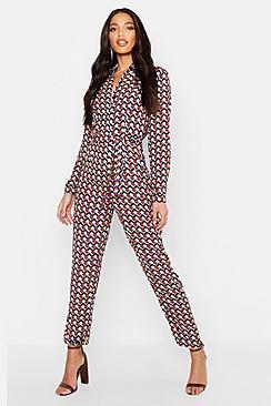 Boohoo Geo Print Shirt Jumpsuit