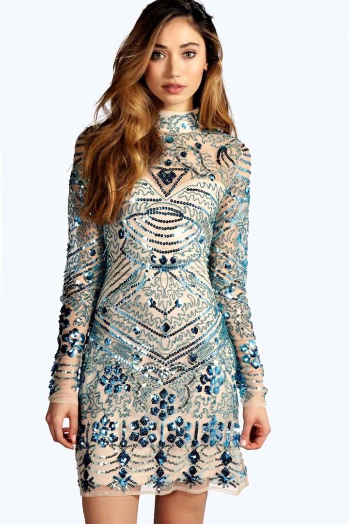 Boohoo Boutique Kira Embellished High Neck Bodycon Dress Multi