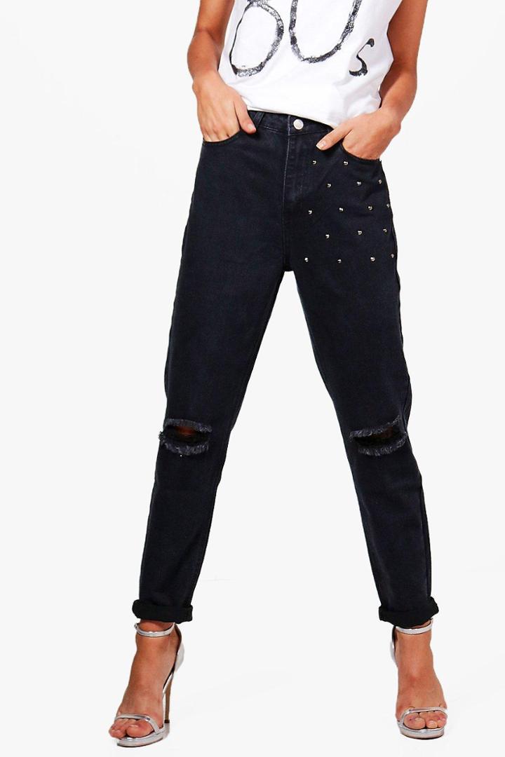 Boohoo Tina Stud Detail Black Denim Mom Jeans Black