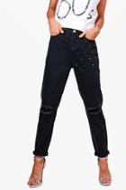 Boohoo Tina Stud Detail Black Denim Mom Jeans Black