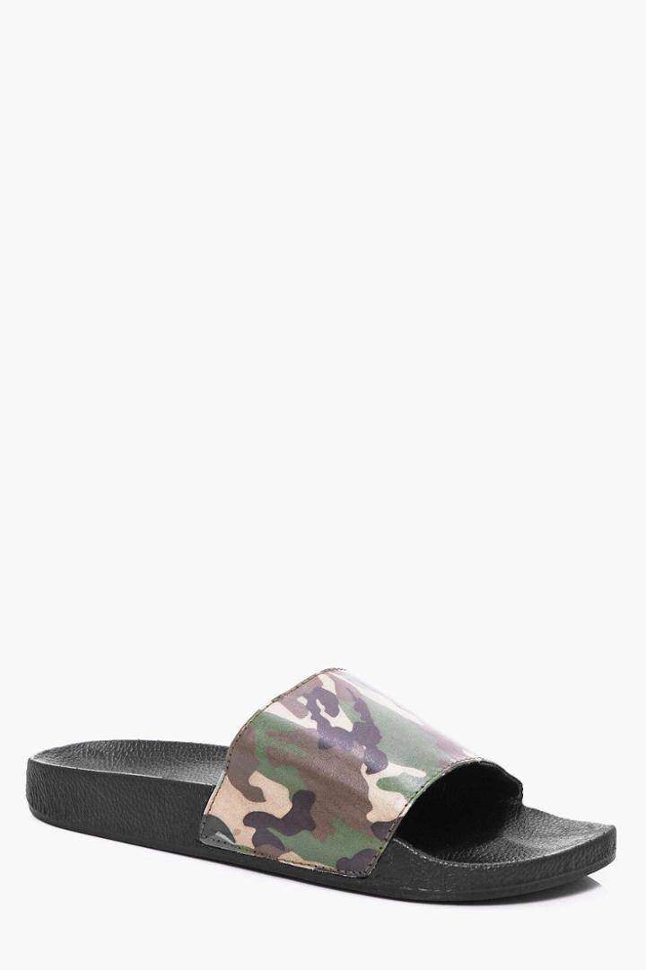 Boohoo Camo Print Pool Sliders Khaki