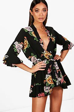 Boohoo Riley Oriental Kimono Style Belted Playsuit