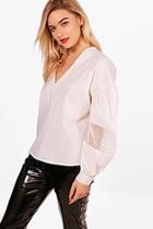 Boohoo Megan Ruched Sleeve Lace Panel Top