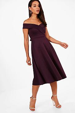 Boohoo Suri Off The Shoulder Scuba Midi Skater Dress