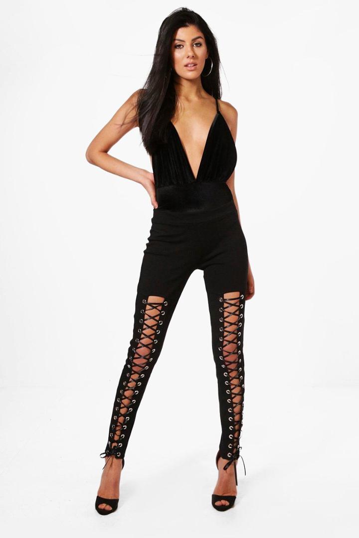 Boohoo Betsy Premium Eyelet Lace Up Front Leggings Black