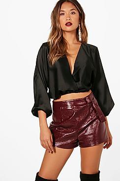 Boohoo Evelyn Plunge Balloon Sleeve Woven Crop
