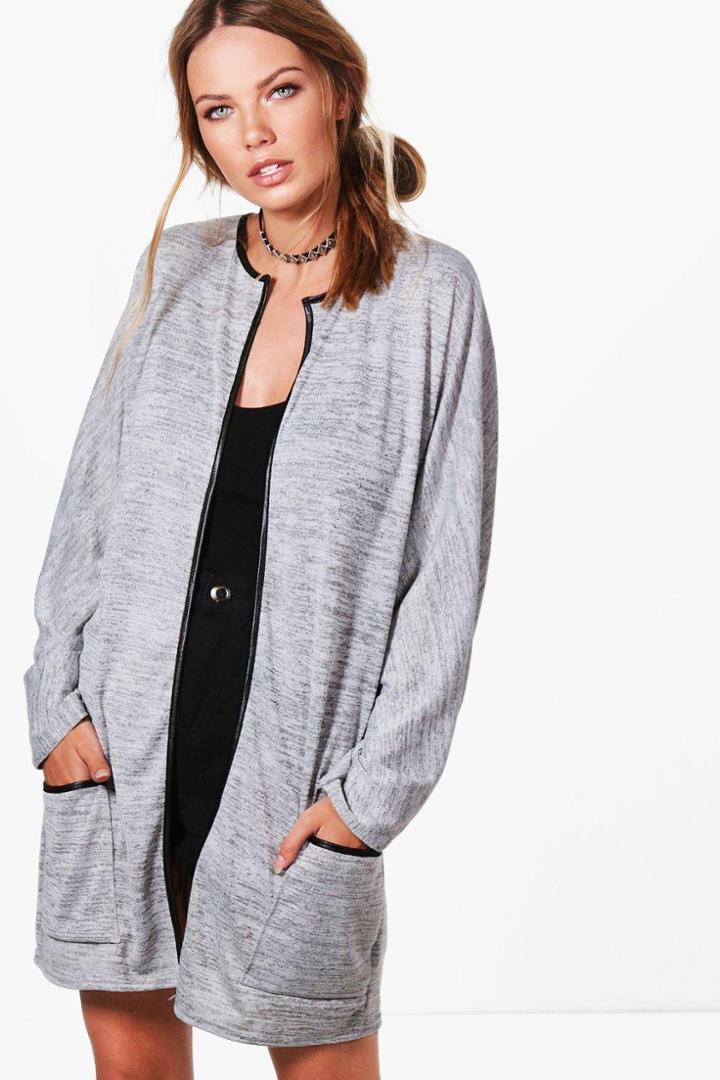 Boohoo Alice Batwing Pu Trim Fine Gauge Cardigan Grey