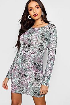 Boohoo Halloween Sugar Skull Long Sleeve Bodycon Dress