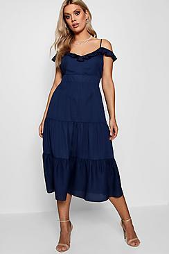 Boohoo Plus Lizzie Frill Detail Cold Shoulder Dress