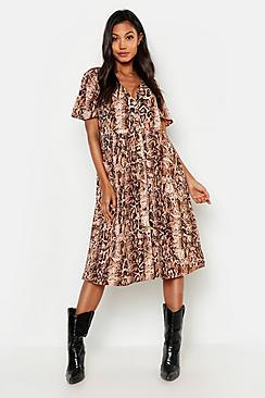 Boohoo V Neck Snake Print Midi Smock Dress